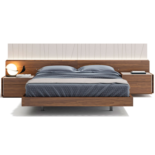 Porto Queen Bed in Walnut Veneer & Light Grey Lacquer