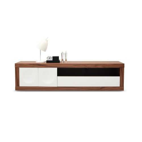 Prato 78" Modern TV Stand in Walnut Veneer Frame w/ High Gloss White Doors