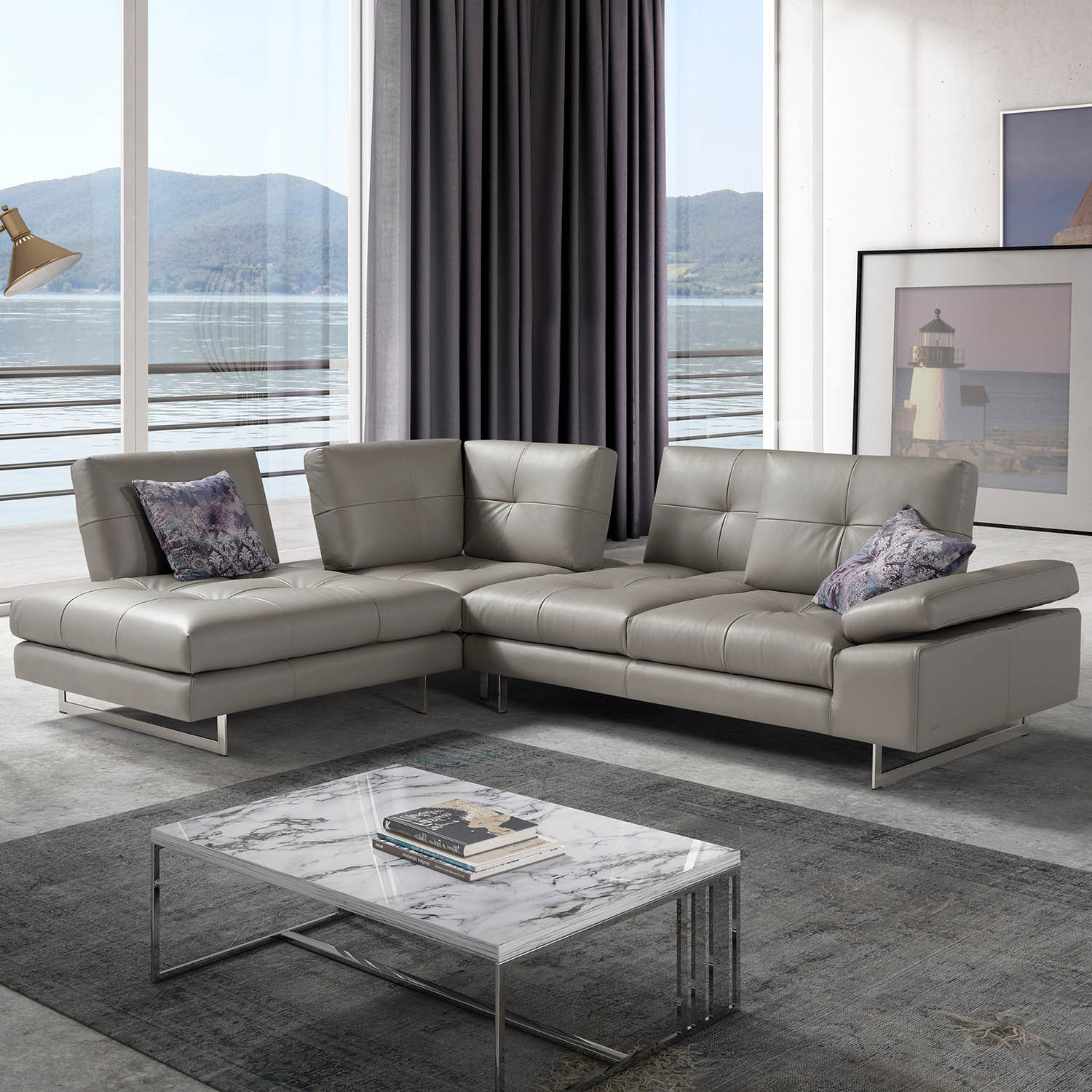 J M Furniture 18345 LHFC Prive Left Hand Facing Sectional Sofa in Tufted Top Grain Italian Grey Leather