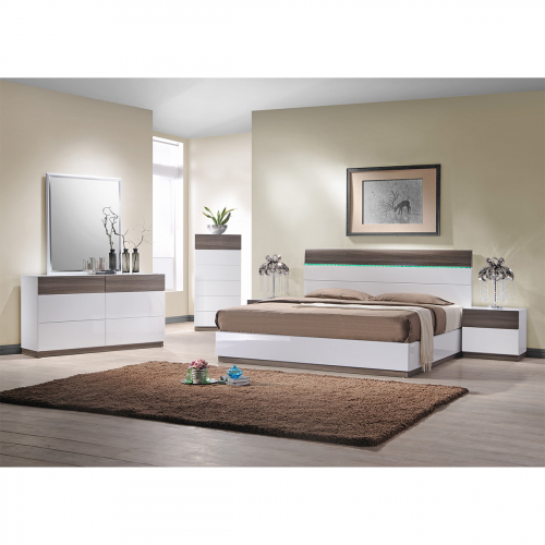 Sanremo B King Bedroom Set in High Gloss White & Walnut with LED Headboard