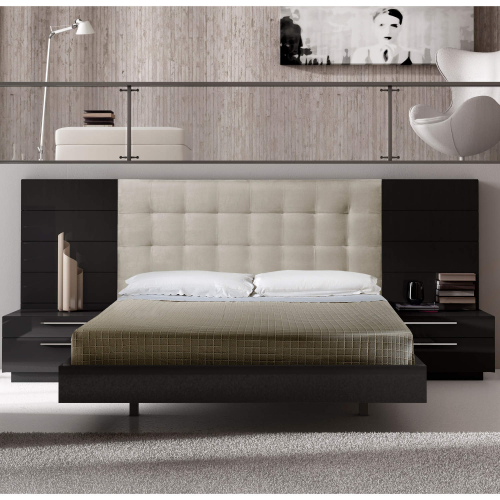 Santana Wing Queen Bed in Black Lacquer w/ Beige Tufted Headboard