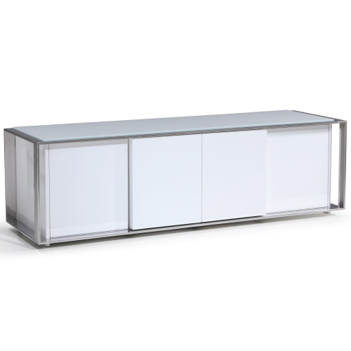 Star 63" TV Stand in White, Chrome & Tempered White Glass