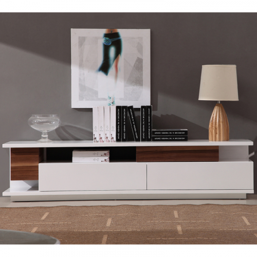 71" Contemporary TV Stand in White Lacquer & Light Walnut