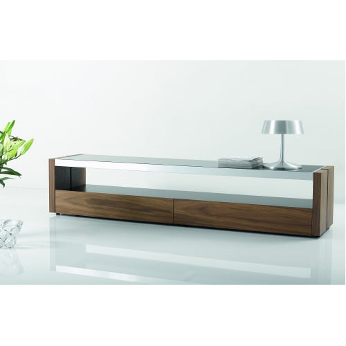 Trieste 78" Modern TV Stand in Walnut & Black w/ Blass Glass Top