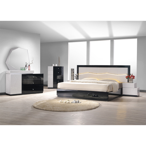 Turin King Bedroom Set in Light Grey & Black Lacquer w/ LED Headboard