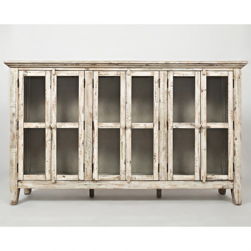 Rustic Shores Scrimshaw 70" Accent Cabinet in Distressed Cream w/ Glass Doors