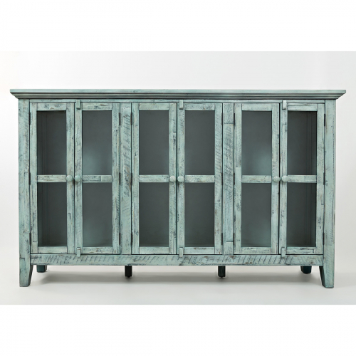 Rustic Shores Surfside 70" Accent Cabinet in Distressed Vintage Blue w/ Glass Doors