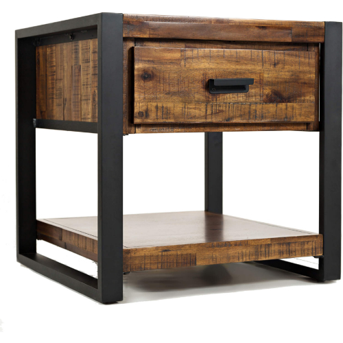 Loftworks End Table w/ Drawer & Shelf in Distressed Acacia & Metal