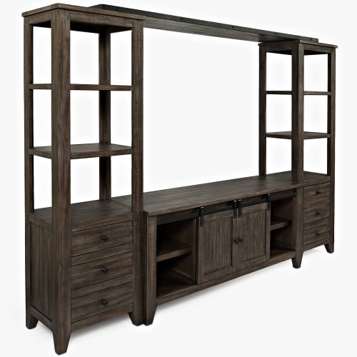 Madison County 4PC Entertainment Center w/ 60" Barn Door Console in Distressed Barnwood Brown