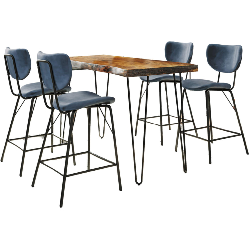 Nature's Edge 5 Piece Counter Dining Set in Chestnut Finish Wood, Metal & Slate Blue Fabric