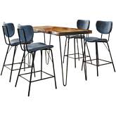 Nature's Edge 5 Piece Counter Dining Set in Chestnut Finish Wood, Metal & Slate Blue Fabric