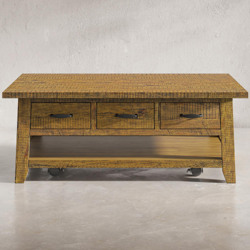 Telluride Coffee Table w/ Casters & Pull Thru Drawers in Distressed Pine