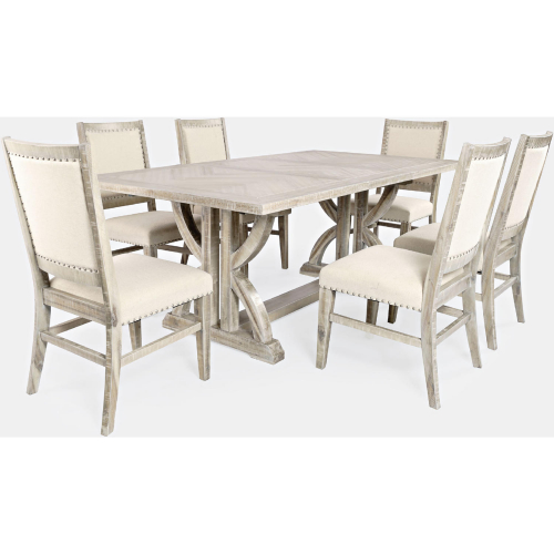 Fairview 78" 7 Piece Dining Set in Distressed Ash Wood & Cream Fabric