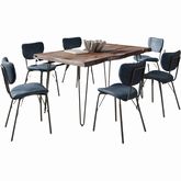 Nature's Edge 60" 7 Piece Dining Set in Slate Live Edge Wood & Slate Blue Eco Leather