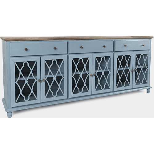 Aurora Hills 6 Door Sideboard in Wire Brushed Blue, Wood & Glass