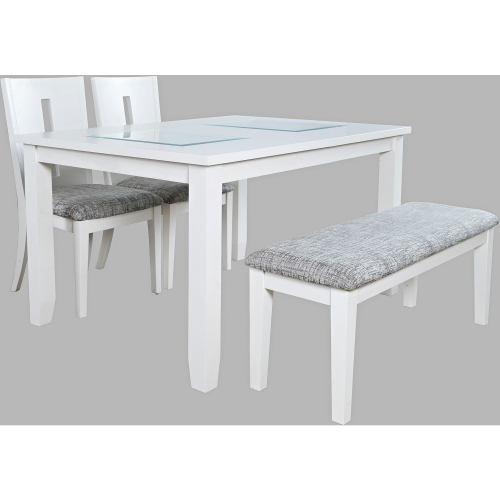 Urban Icon 66" 4 Piece Dining Set in White, Glass & Grey Fabric