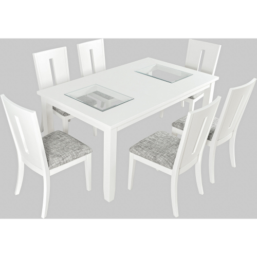 Urban Icon 66" 7 Piece Dining Set in White, Glass & Grey Fabric