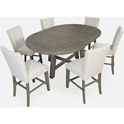 Telluride 7 PC Counter Dining Set in Grey Wood & Grey Striped Fabric