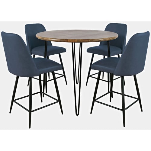 Brennan 5 Piece Round Counter Dining Set in Wood, Metal & Blueberry Fabric