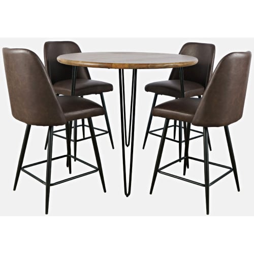 Brennan 5 Piece Round Counter Dining Set in Wood, Metal & Dark Brown Fabric