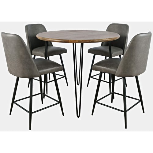 Brennan 5 Piece Round Counter Dining Set in Wood, Metal & Grey Fabric