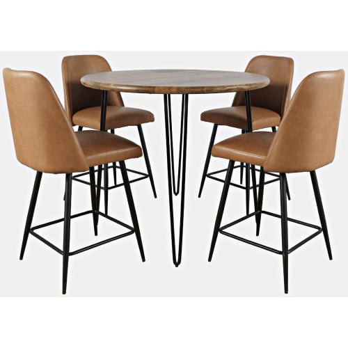 Brennan 5 Piece Round Counter Dining Set in Wood, Metal & Light Brown Fabric