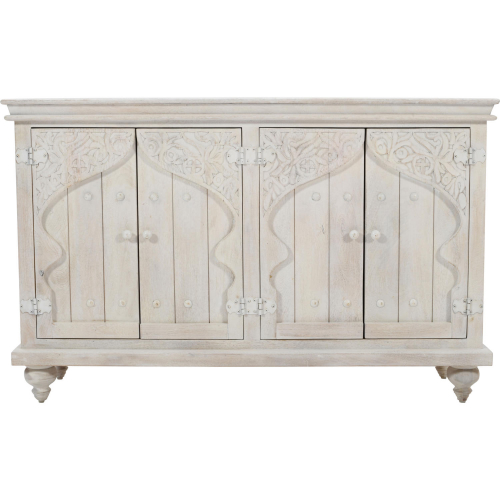 Taj 60" 4 Door Sideboard Cabinet in Hand Carved White Wash Wood