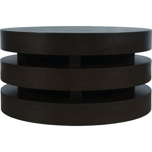 Brix Floating Sculpture Layered Round Coffee Table w/ Casters in Espresso Brown Wood