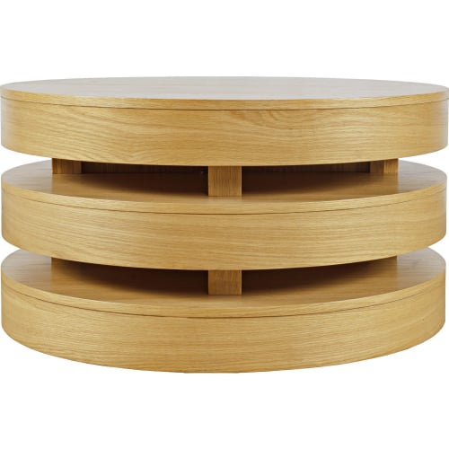 Brix Floating Sculpture Layered Round Coffee Table w/ Casters in Oak Finish Wood