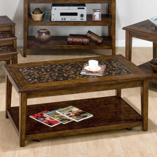 Baroque Brown Coffee Table with Mosaic Tile Inlay & Hidden Casters