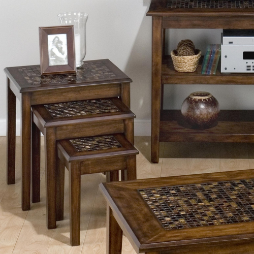 Baroque Brown 3 Piece Nesting Chair Side Table w/ Mosaic Tile Inlay