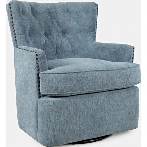 Bryson Swivel Accent Chair in Tufted Blue Fabric w/ Nailhead