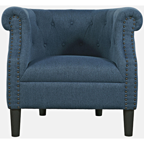 Lily Barrel Curved Back Accent Chair in Tufted Blue Fabric w/ Nailhead Trim