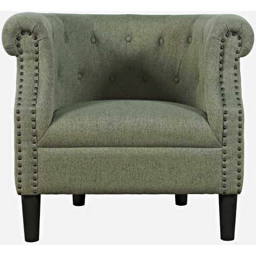 Lily Barrel Curved Back Accent Chair in Tufted Sage Green Fabric w/ Nailhead Trim