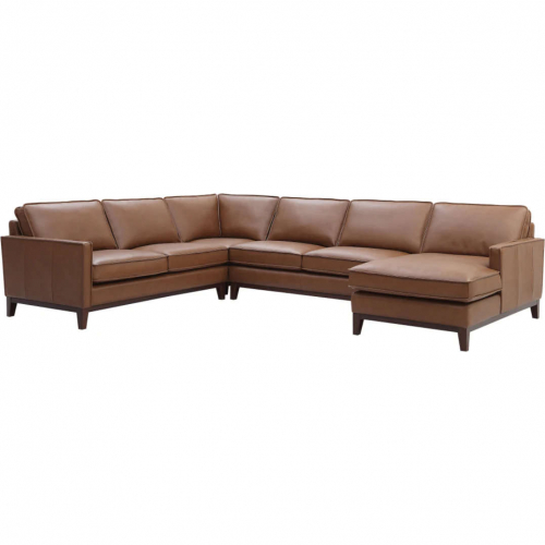 Weston 4 Piece Sectional in Highland Saddle Brown Leather & Wood