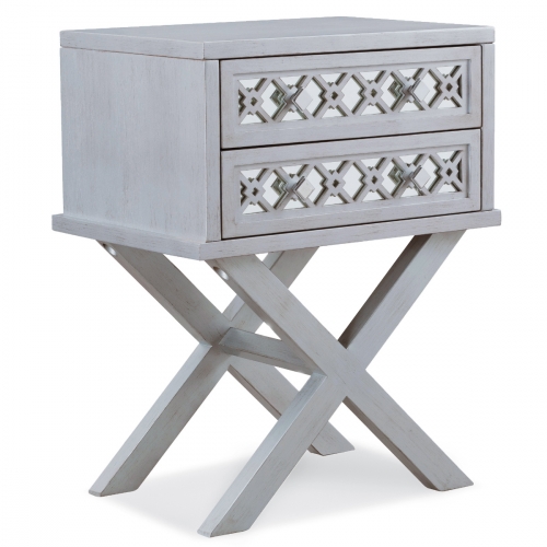 Mirrored Diamond Filigree X Base Nightstand Table in Silver Leaf