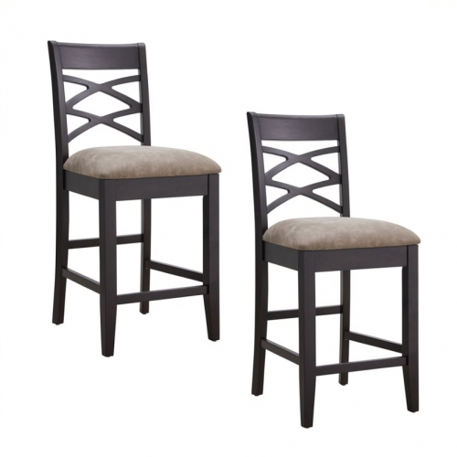 Double Cross Back Counter Stool in Black Wood & Gray Linen (Set of 2)