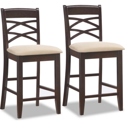 Wood Double Crossback Counter Height Stool w/ Beige Microfiber Seat (Set of 2)