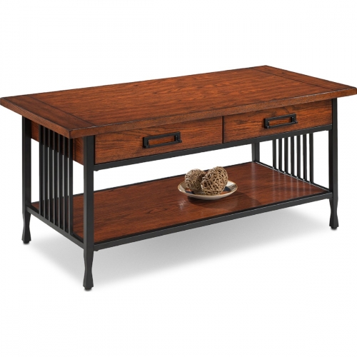 Ironcraft Two Drawer Coffee Table in Mission Oak & Blackened Steel