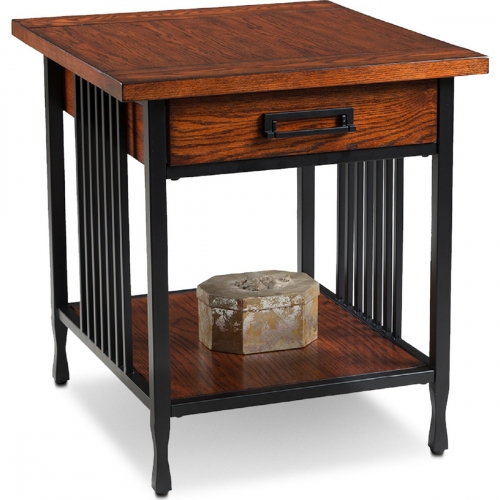 Ironcraft Drawer End Table in Mission Oak & Blackened Steel