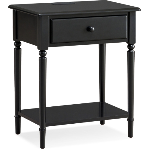 Coastal 1 Drawer Nightstand Side Table w/ Charging in Swan Black Finish Wood