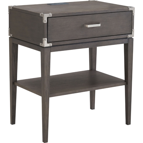 Beckett 1 Drawer Nightstand Side Table with Charging Station in Anthracite Finish Wood & Pewter