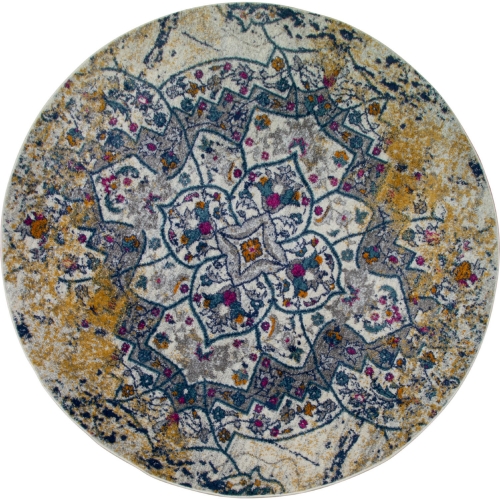 Vienne Faded Turkish Medallion Ivory & Navy Area Rug 5' Round