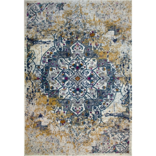 Vienne Faded Turkish Medallion Ivory & Navy Area Rug 5 x 7 Rectangle