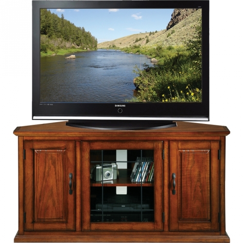 47" Corner TV Stand w/ Leaded Glass Doors in Burnished Oak