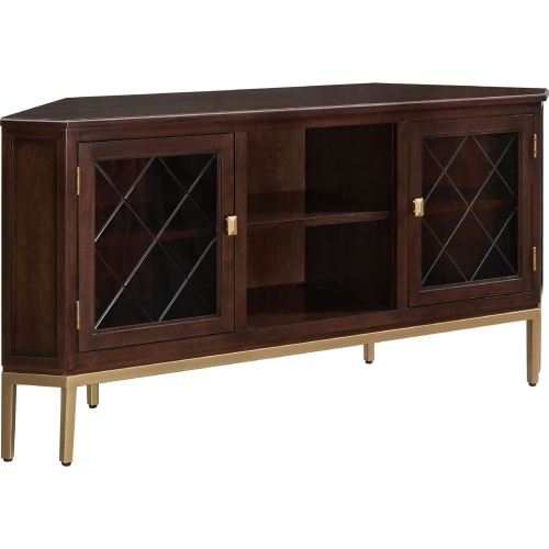 57" Corner TV Stand in Chocolate Brown Wood, Glass & Gold Metal