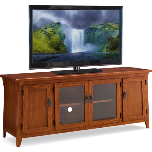 Canted Side Mission Oak 60" Four Door TV Stand Console in Russet Brown Finish