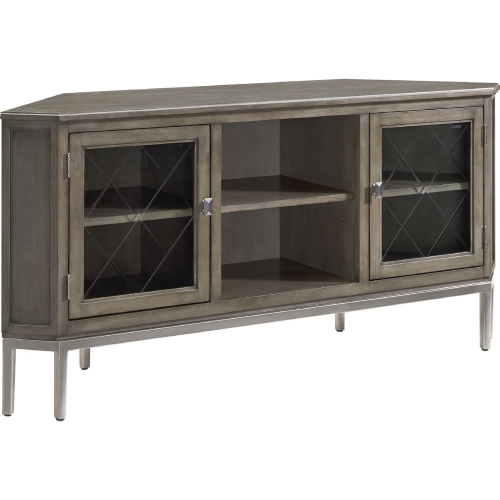 57" Corner TV Stand in Gray Wood, Glass & Pewter Metal