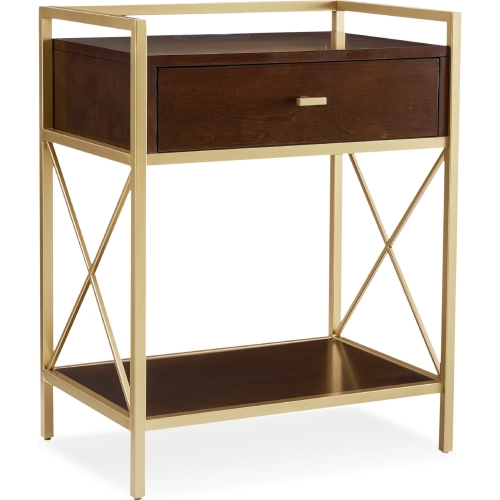 9069 1 Drawer Nightstand Side Table w/ Charging Station in Walnut Finish Wood & Gold