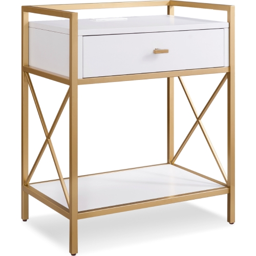 Claudette 1 Drawer Nightstand Side Table w/ Charging in White Finish & Gold